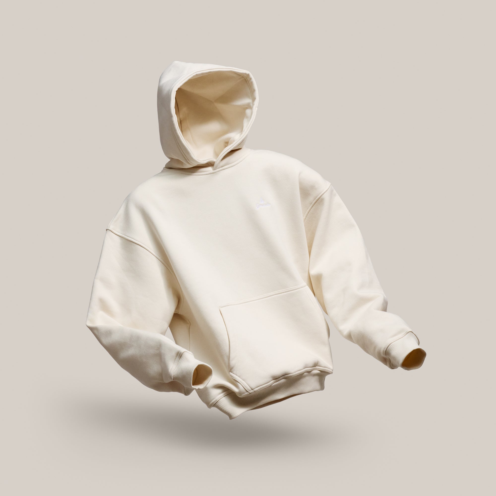 Sand Gårdisto heavyweight hoodie, front three-quarter view